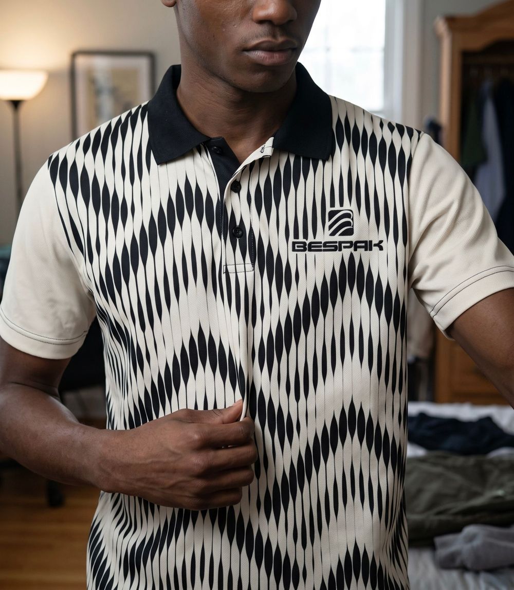 Cream and black all-over printed polo shirt with an embroidered Bespak logo